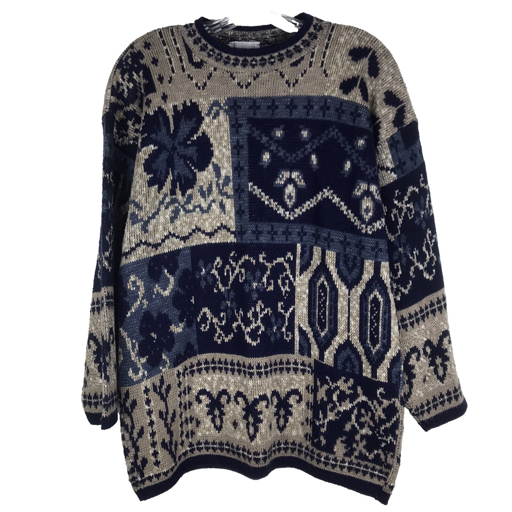 Vintage Arielle Sweater Floral Patchwork Blue Tan Grannycore Medium Made in USA